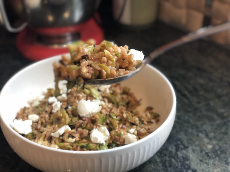 Maple Roasted Brussel Sprout and Pancetta Farro Salad.